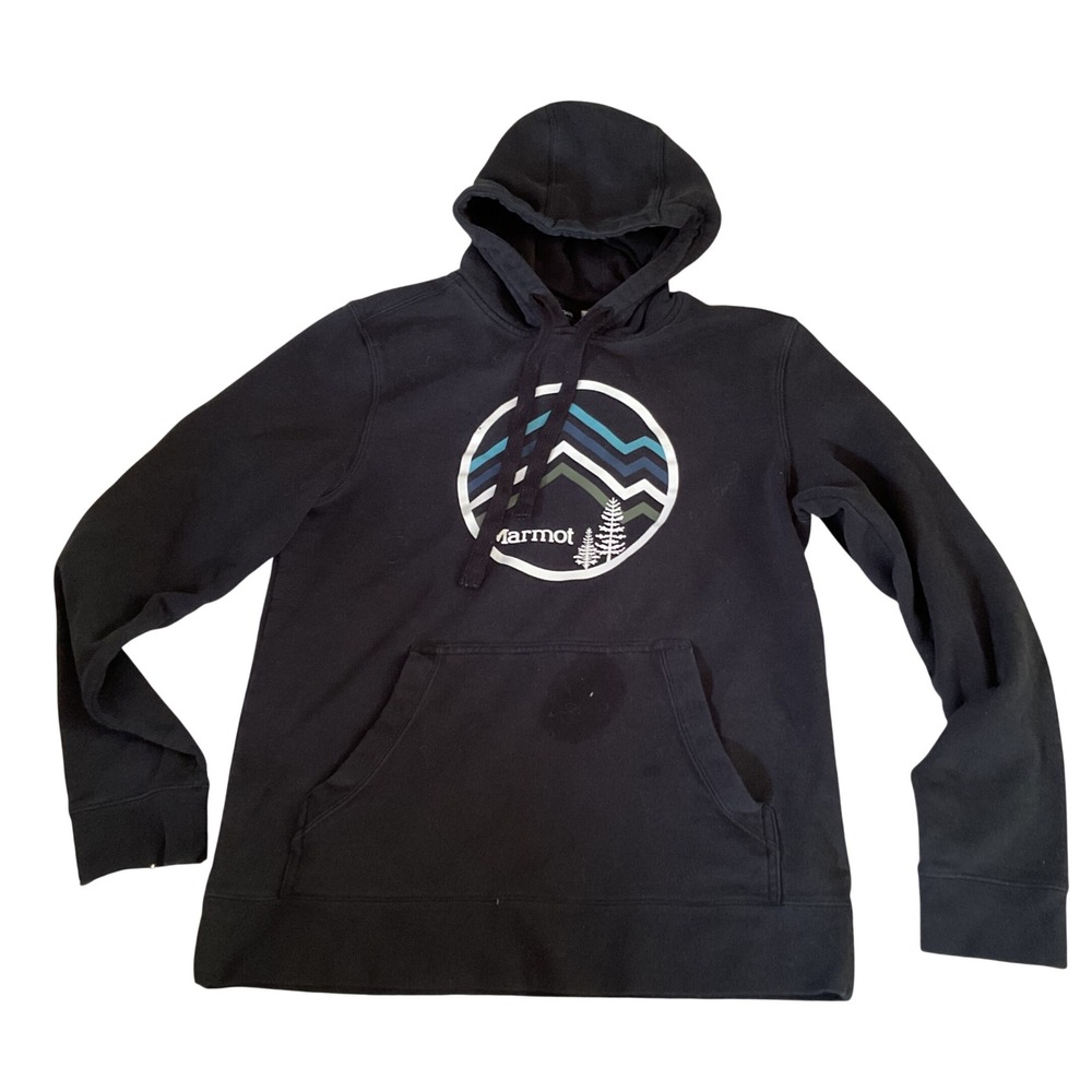 Marmot Mens Mountain Graphic Hoodie Black Fleece Pullover Sweatshirt‎ Small